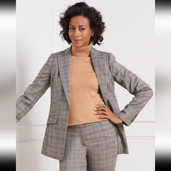Talbots Womens Long Blazer Countryside Plaid Italian Wool Neutral Plus Size 14P - Picture 1 of 14
